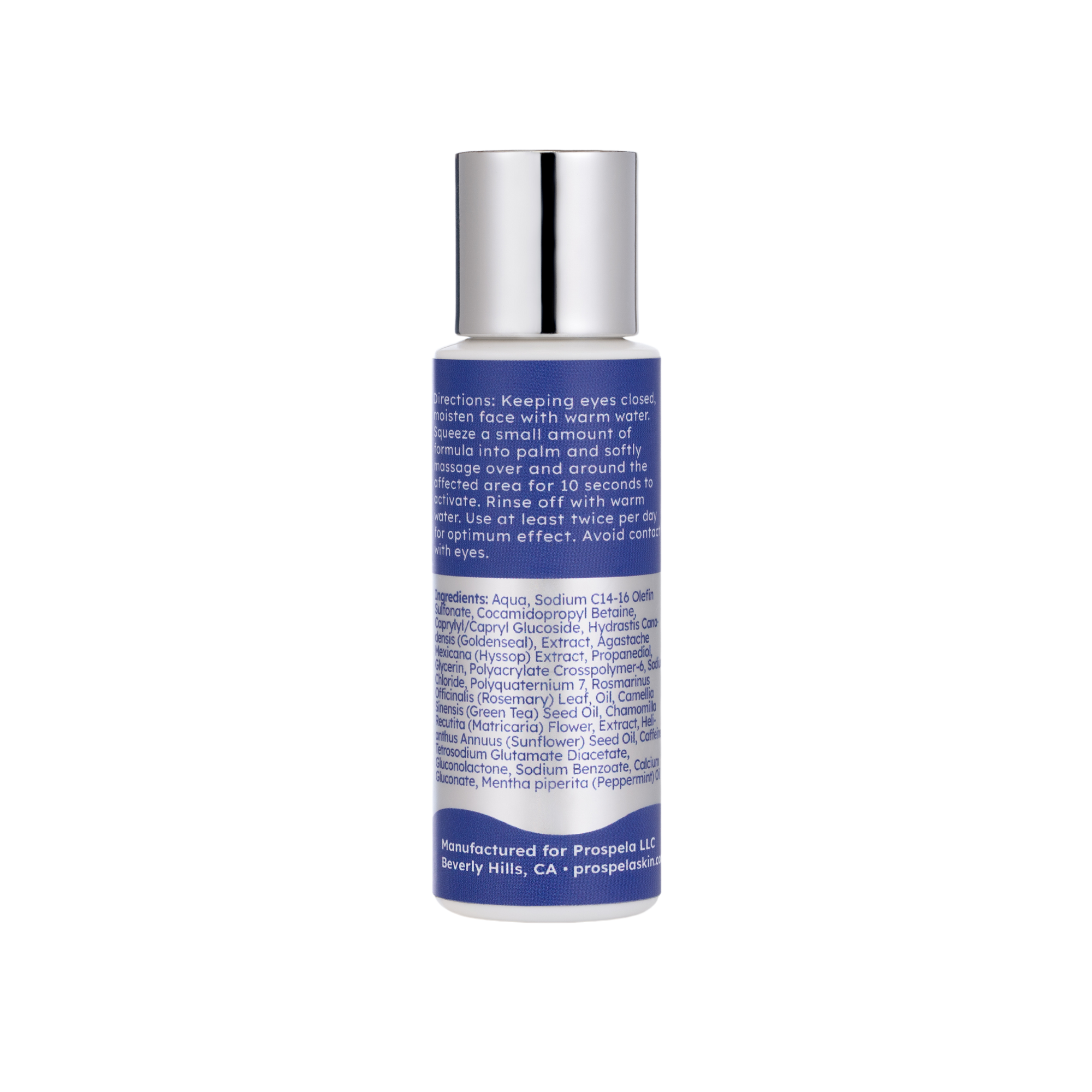 White bottle showcasing ingredients list of a skincare product. 

