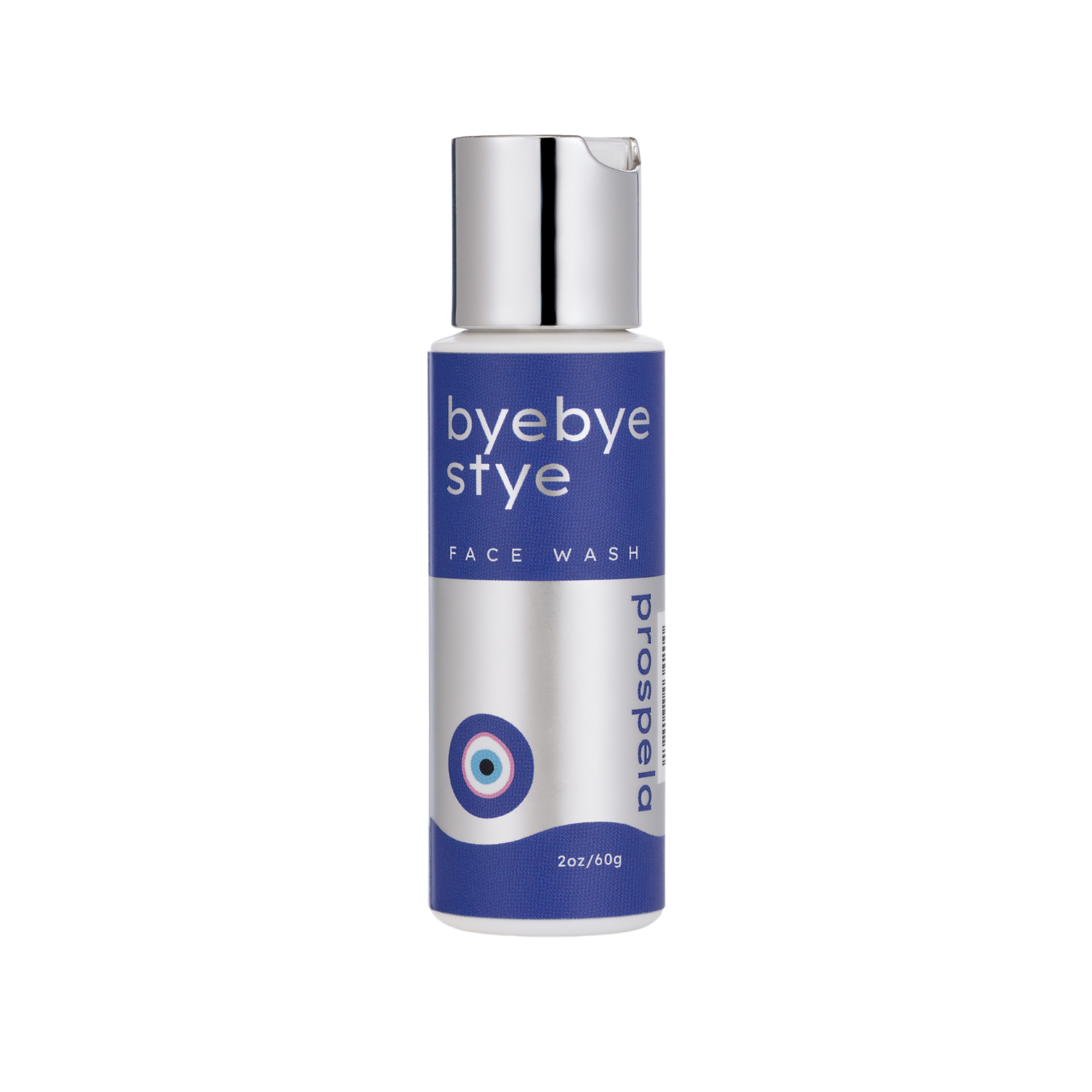 A 2oz bottle of Prospe1a byebye stye face wash stands against a white background. 